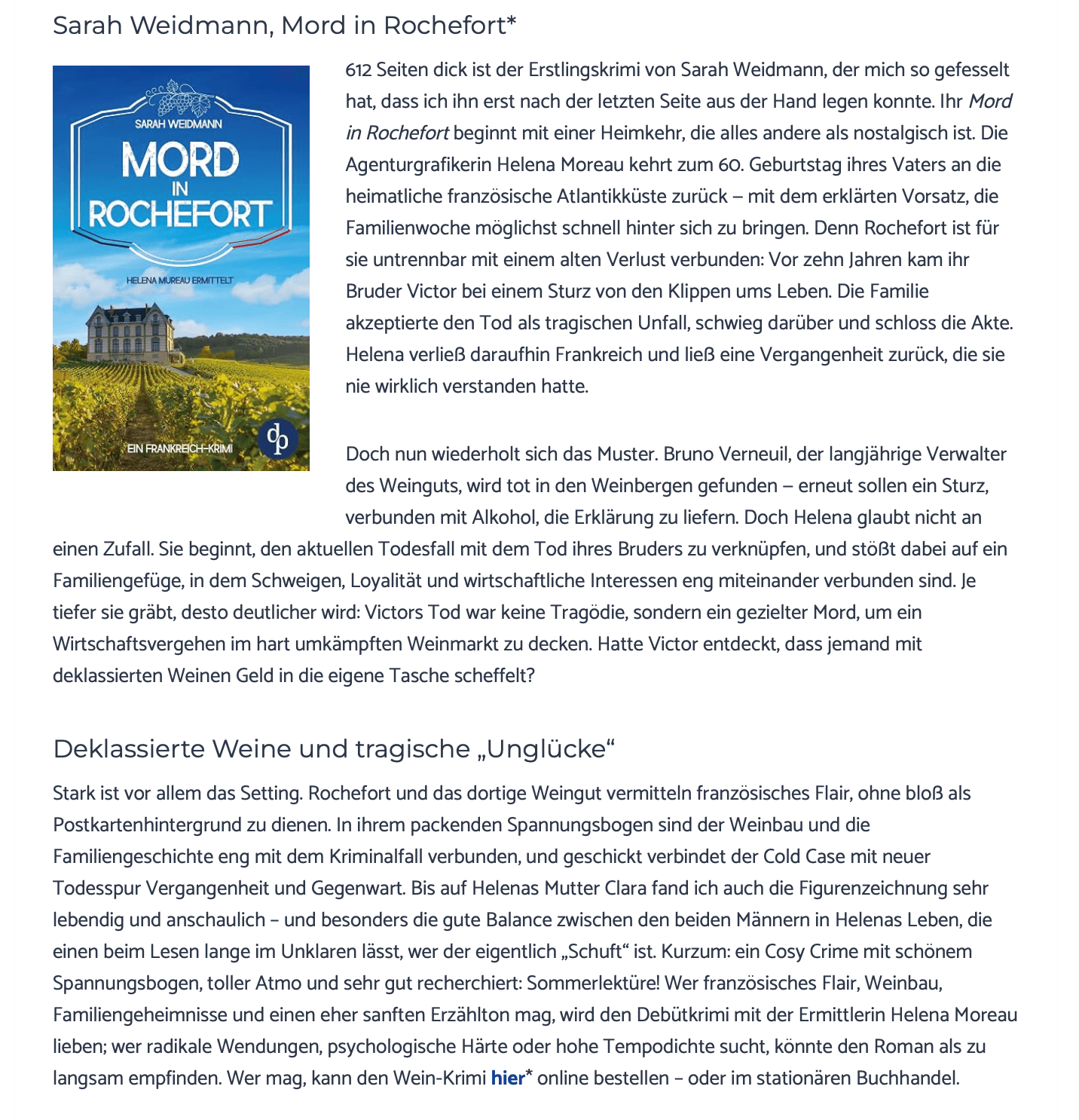 Rezension zu «Mord in Rochefort» im Frankreich-Magazin Mein Frankreich